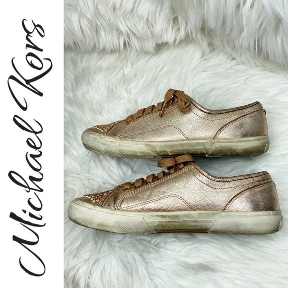 MICHAEL KORS ROSE GOLD METALLIC STUDDED LOW TOP LEATHER SNEAKERS, SIZE 6.5 - Picture 7 of 12